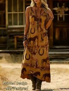 Horseshoe Horse All-Over Print Women's V-Neck Sleeveless Maxi Dress, Polyester Fiber Fabric, Lightweight And Breathable, Women's Clothing, Regular Women's Clothing, Women's Dress, Women's Long Dress - Nhiều màu - Xem 4