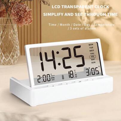 Đồng hồ báo thức gập mới, đồng hồ điện tử trong suốt với màn hình LED, màn hình hiển thị nhiệt độ và độ ẩm đa chức năng để bàn, đồng hồ báo thức thông minh tối giản.