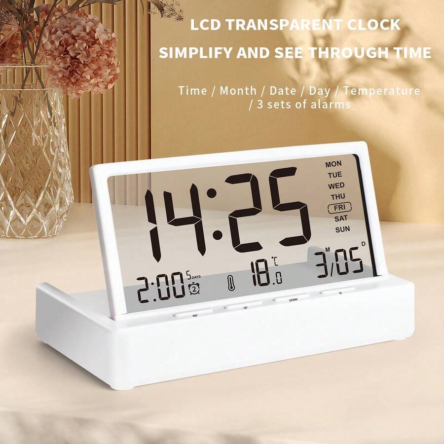 New Foldable Alarm Clock, Transparent Electronic Clock With LED Display, Multifunctional Desktop Temperature & Humidity Monitor, Minimalist Smart Wake-Up Alarm Clock