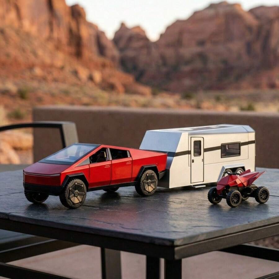 1:32 Proportional Cyber Truck-Style Die-Cast Truck Set, Including Camper Van And Off-Road Vehicle, 3-In-1 Rebound Model Car, With Sound And Light Effects, 5 Colors, Suitable For Collection And As A Gift - màu đỏ - Xem 1