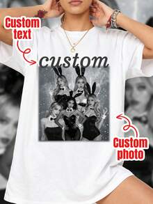90年代復古饒舌兔女郎客製化照片T恤，寬鬆DIY T-Shirt，偶像印花上衣，女團&好友客製化設計 白色夏季款 - 白色 - 查看 1