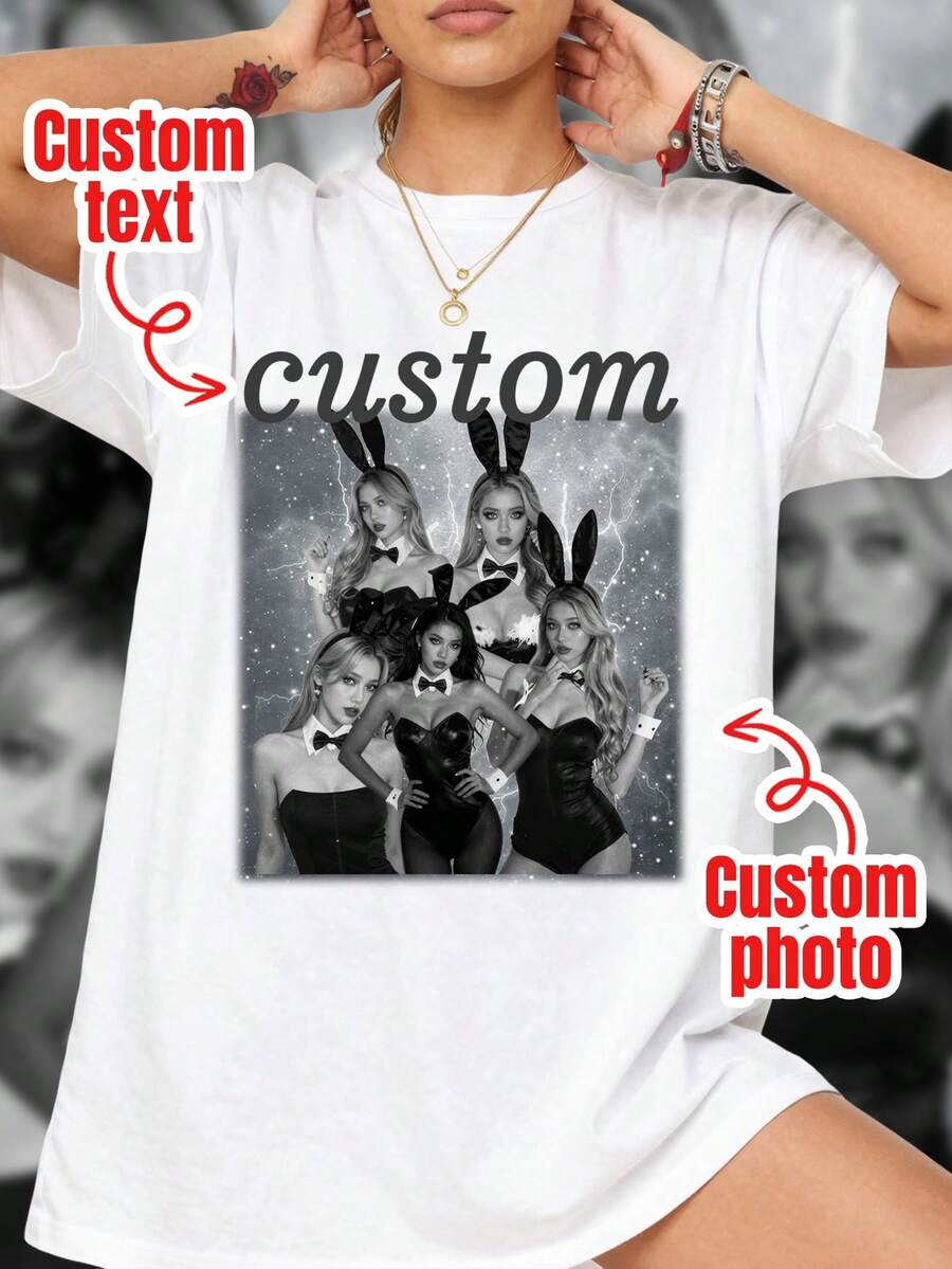 90年代復古饒舌兔女郎客製化照片T恤，寬鬆DIY T-Shirt，偶像印花上衣，女團&好友客製化設計 白色夏季款 - 白色 - 查看 1