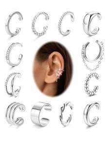 12pcs Elegant Minimalist Rhinestone C-Shaped Clip-On Earrings Set, Fashionable Accessories For Daily Wear, Dates, Parties, Great Gift Choice For Birthday, Girlfriend, Mother - Silver - View 1