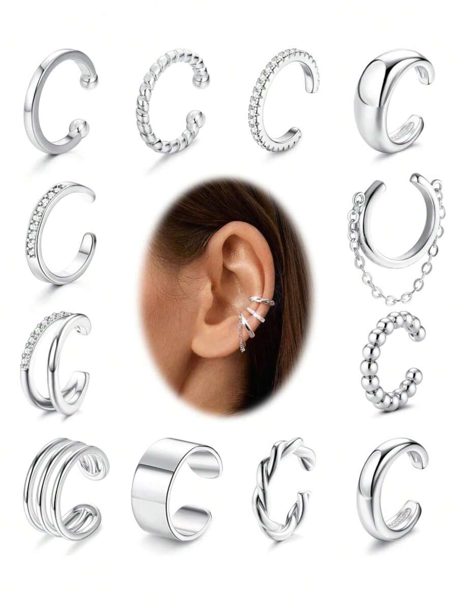 12pcs Elegant Minimalist Rhinestone C-Shaped Clip-On Earrings Set, Fashionable Accessories For Daily Wear, Dates, Parties, Great Gift Choice For Birthday, Girlfriend, Mother - Silver - View 1