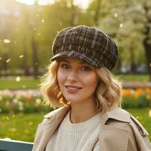 Women's Classic Beret Hat Stylish Korean Style Plaid Pattern Newsboy Cap Warm Winter Octagonal Hat For Outdoor Daily Use - White - View 3