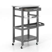 GOFLAME Kitchen Island On Wheels, Rolling Kitchen Cart With Stainless Steel Countertop, Slide-Out Metal Wire Basket, Serving Tray, Lockable Casters, Utility Storage Trolley For Kitchen, Dining Room - Grey - View 8