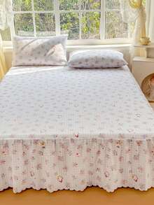 Bộ 3 món (1 ga trải giường, 2 vỏ gối) họa tiết hoa, lưới, in hình mèo con với viền lá sen, ga trải giường che phủ toàn bộ giường, chống bụi, có viền váy, bộ 3 món ga trải giường xếp ly kèm 2 vỏ gối. - Mèo trong bụi rậm - Xem 7