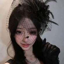 -Style French Vintage Socialite Black Floral Mesh Hat, High-End And Elegant Hair Accessory, Luxurious Banquet Headpiece - Mũ lưới màu hồng - Xem 1