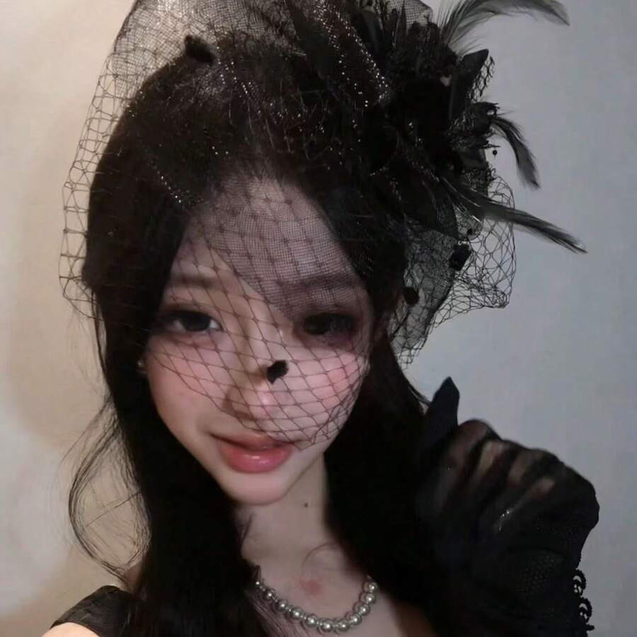 -Style French Vintage Socialite Black Floral Mesh Hat, High-End And Elegant Hair Accessory, Luxurious Banquet Headpiece - Mũ lưới màu hồng - Xem 1