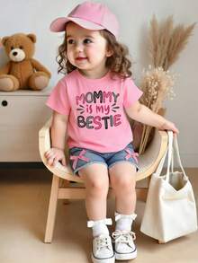 Baby Girl Letter Print Short Sleeve Top And Solid Color Denim Shorts - Pink - View 2