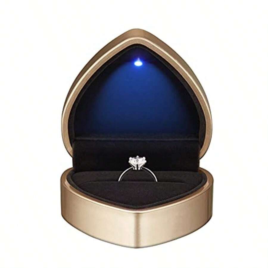 LETURE - Caja de regalo con forma de corazón con luz LED aretes de terciopelo con luz caja de exhibición de joyas para bodas compromisos propuestas cumpleaños y aniversario dorado - Dorado - Ver 1
