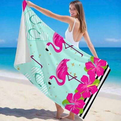 1条火烈鸟花卉印花沙滩巾，超强吸水速干，适用于游泳、沙滩、户外、露营、旅行，是理想的沙滩必备品。