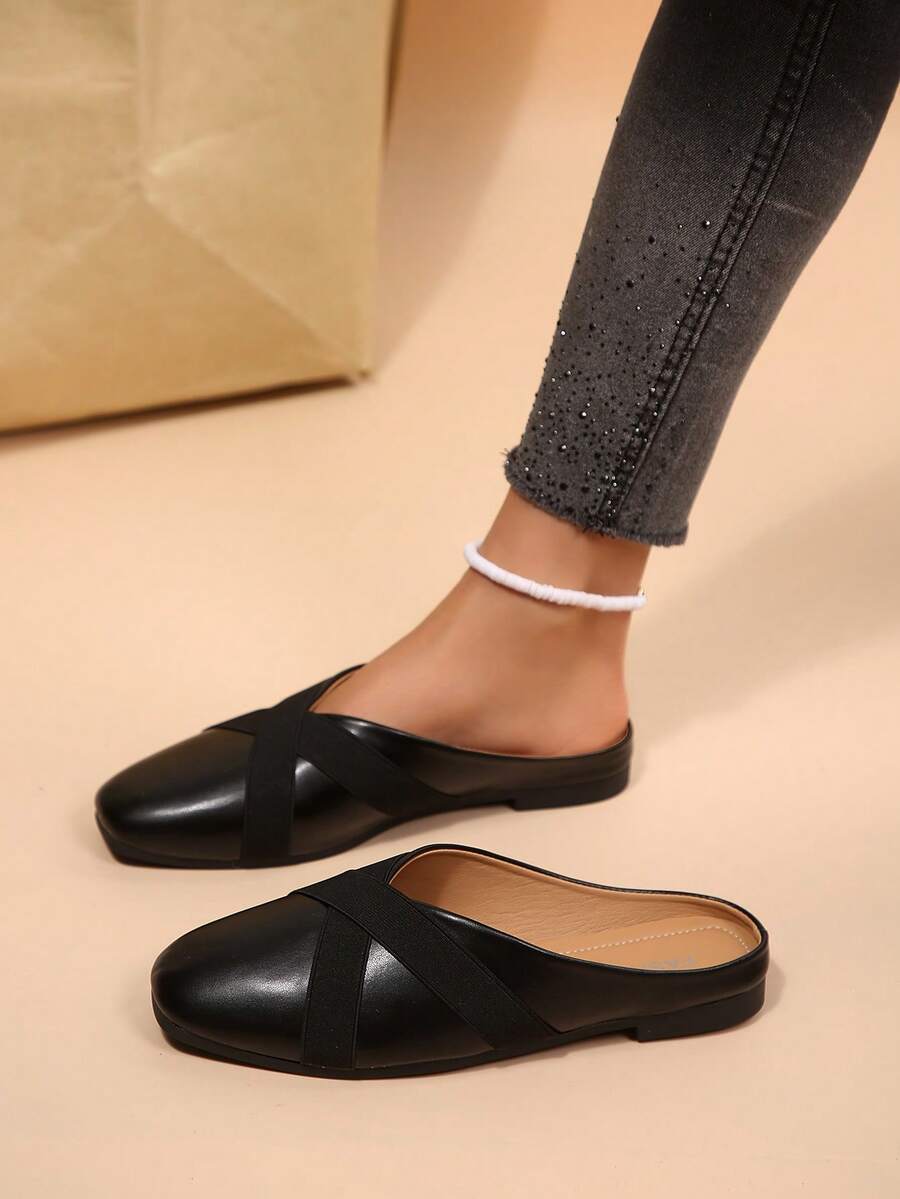 女士厚底套脚穆勒鞋，闭趾设计，春秋季休闲乐福鞋 - 黑色 - 查看 1