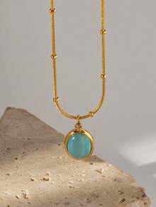 1 chiếc vòng cổ mặt đá mắt mèo hình oval màu xanh nước ngọt thanh lịch, thiết kế tối giản sang trọng độc đáo. - Màu xanh nhạt - Xem 4