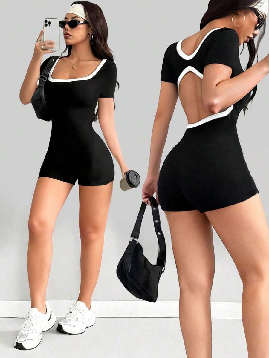 AITYI Studio 女士连体裤，适合休闲通勤，舒适方领，撞色露背设计，时尚性感修身，适合户外、健身、派对、度假、约会、夏季穿着、毕业典礼、音乐节、独立日等场合，新款夏季弹力针织黑色短袖连体衣 - 黑色 - 查看 1