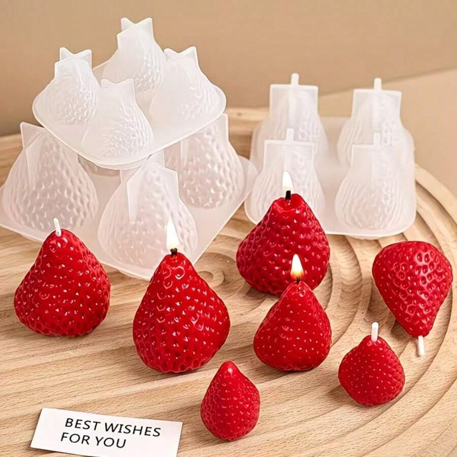 3 Peças Moldes de Vela com Formato de Morango (Velas Não Incluídas). Moldes de Vela de Silicone em Formato 3D de Morango - DIY Artesanal para Casamento, Presentes de Aniversário, Sabonete, Gesso e Moldagem de Resina - molde de morango - Visão 1