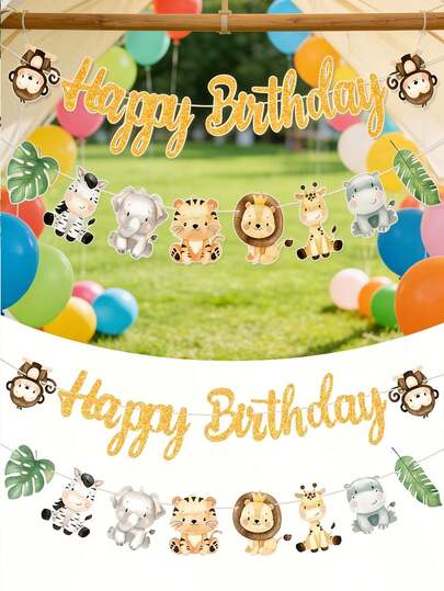 Bộ 2 biểu ngữ trang trí tiệc sinh nhật chủ đề động vật rừng, ghi "Chúc mừng sinh nhật", cần tự làm, thích hợp để trang trí tường phòng tiệc sinh nhật chủ đề động vật, quà tặng tiệc kiểu động vật rừng, trang trí sinh nhật, trang trí nhà cửa, biểu ngữ hình sư tử hổ hoạt hình.