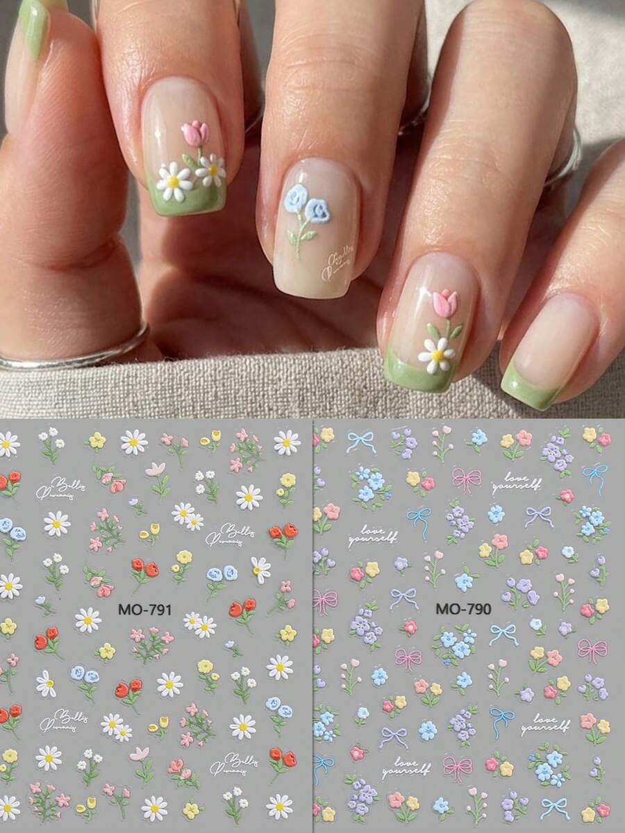 2pcs Healing Daisy Handwritten English Nail Art Stickers, Fresh Macaron Color Floral Letter Nail Decals For Spring/Summer, Picnic, Date, Daily DIY Nail Decoration, Holiday Gift, DIY, Y2K