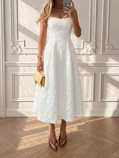 Floreya Summer Elegant Solid Color High-End Chic Style Prom Dress, Waist-Cinched Fitted Spaghetti Strap Midi Dress, White Party