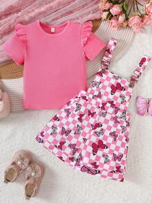 Young Girls Spring/Summer Knitted Ribbed Solid Color Flutter Sleeve Top & Butterfly Print Pink Suspender Shorts Set, Valentine's Day - Hot Pink - View 4