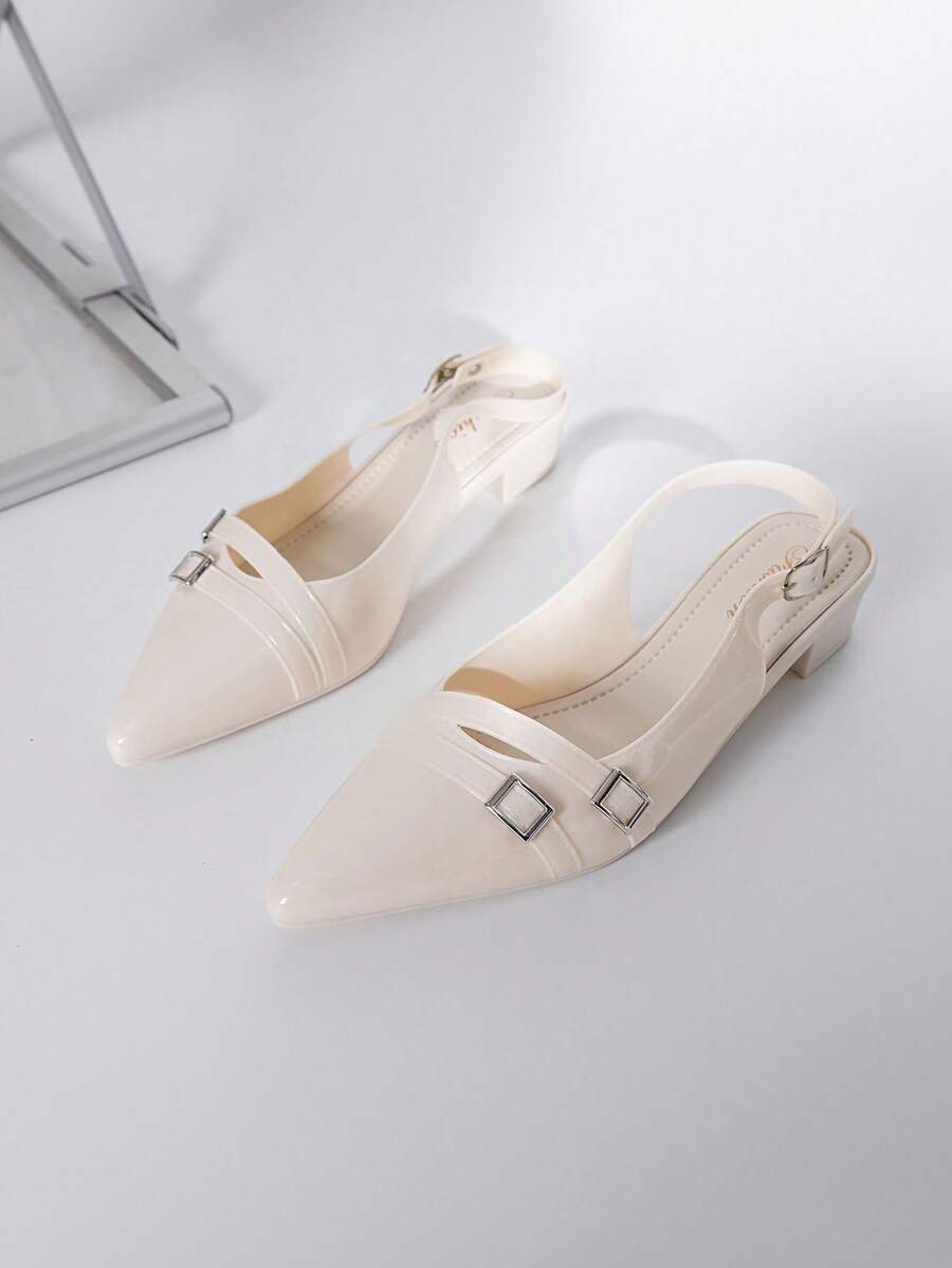 Women's French Style Pointed Toe Backless Lacquer Leather Sandals, Solid Color Versatile Commuter-Friendly High Heel Sandals, Chunky Heel Soft Bottom Outdoor Business Elegant Chunky Heel Soft Bottom Comfortable For Long Wear, Home/Office Atmosphere Enhancing Leg-Lengthening High Heel Pumps - White - View 1