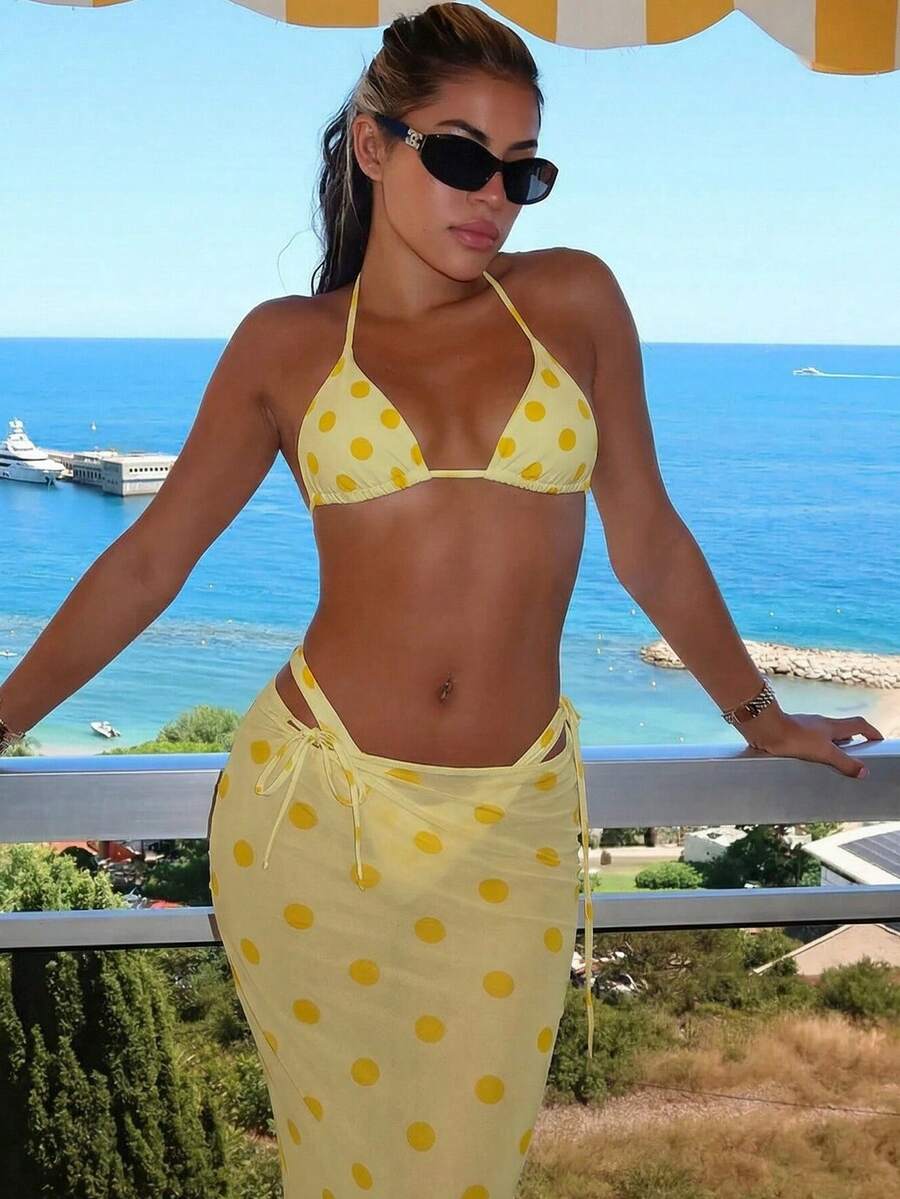 3 Stück/Set gepunkteter, sexy Frauen Bikini mit Bindedetail und rückenfrei, geeignet für Strand, Resort, Bühne und Konzert im Frühling und Sommer Urlaub - Gelb - Übersicht 1