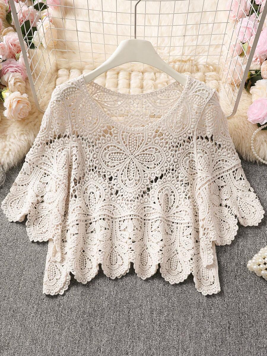 Vacation Style Casual Crochet Sheer Round Neck Short Sleeve Pullover, Bohemian Beach Resort Knit Sweater, Spring/Summer - Apricot - View 1