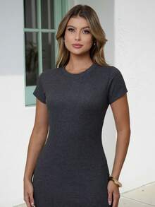 Women's Ribbed Midi Dress, Fitted Bodycon, Short Sleeves, Side Slit, Elegant Look - Gris Claro - View 4