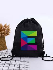 1pc Geometric Colorblock A-Z Letter Drawstring Backpack, Rainbow Letter Print Cinch Bag, Lightweight Sports Fitness Travel School Backpack - Black - View 3
