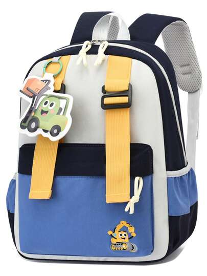 撞色卡通背包，可爱蘑菇刺绣吊坠轻便背包，适合幼儿园小朋友