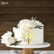 1pc/3pcs Gold Mirror Acrylic Cross Dove IHS Baptism Cake Toppers,For Baptism Communion Theme Party DIY Cake Dessert Decoration Supplies - Multicolor - View 19