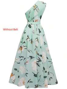 Women's Floral Print Green Flower Ruffle Hem A-Line Dress, Elegant Sleeveless Dress, Without Belt Vacation Summer - 綠色 - 查看 4