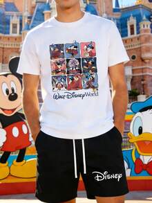 Disney Mickey Mouse Sorcerer's Apprentice Grid Graphic T-Shirt - This Is A Casual Two-Piece Set, Comprising A Casual T-Shirt And A Pair Of Shorts. Printed T-Shirt. Men's. Shorts. Men's Two-Piece Set. - màu đen - Xem 1