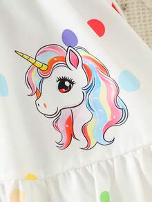 Baby GirlSweet Dreamy Colorful Polka Dot Unicorn Strap Waist Ruffle Hem Dress, Suitable For 0-3 Years Old, Summer Casual Dress For Daily Outing - White - View 7