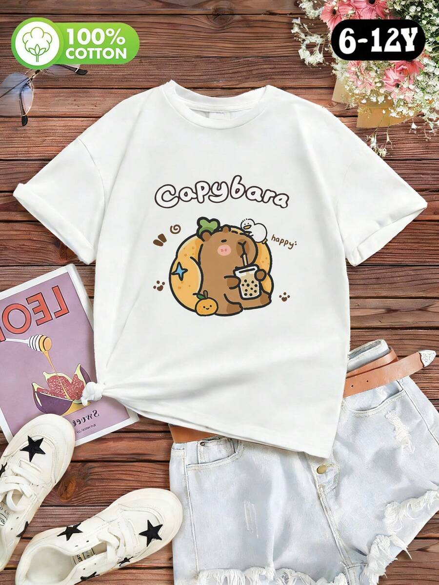 Kawaii Capybara Bubble Tea Graphic Tee for Kids,100% Cotton "Happy" Quote T-Shirt,Y2K Cute Casual Summer Top，圖案T卹，學院風 春夏 新款 運動上衣 - 白色 - 查看 1