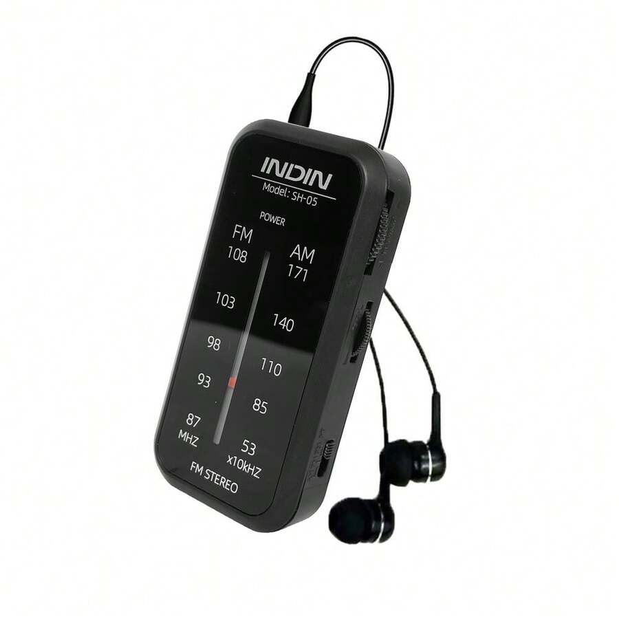 INDIN便携式收音机，支持AM/FM立体声，个人袖珍收音机，带耳机插孔，使用2节AAA电池供电，接收范围广，适用于室内、室外和应急用途。