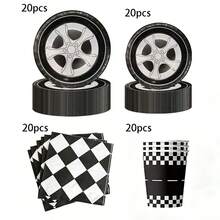 10件/20件/50件/80件赛车主题派对餐具套装 - 7/9英寸轮胎形状纸盘、格子餐巾纸和纸杯 | 一次性餐具，适用于赛车主题生日派对、迎婴派对、各种庆祝活动，男女皆宜 - 多色 - 查看 7