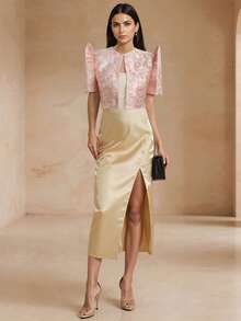 1pc Modern Filipiniana Top, Butterfly Sleeves Filipiniana Jacquard Button Short Sleeve Cardigan Blouse, Pink - Pink - View 3