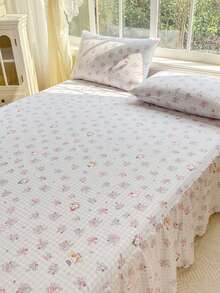 Bộ 3 món (1 ga trải giường, 2 vỏ gối) họa tiết hoa, lưới, in hình mèo con với viền lá sen, ga trải giường che phủ toàn bộ giường, chống bụi, có viền váy, bộ 3 món ga trải giường xếp ly kèm 2 vỏ gối. - Mèo trong bụi rậm - Xem 9