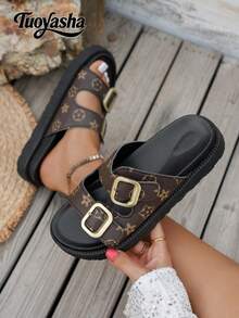 Retro blommiga damsandaler med dubbla spännen, slip-on-tofflor med tjock sula, bekväma och mångsidiga sommartofflor för utomhusbruk, kilklackade sandaler - Kaffebrun - Visa 4