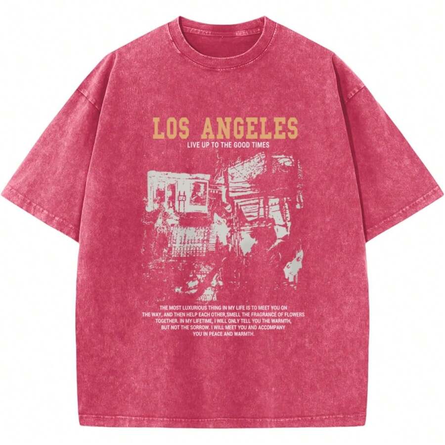 Oversized Graphic Tshirts For Men Acid Wash Los Angeles Vintage Tees Streetwear Baggy Cotton Shirts Casual Topssummer Outfits For Women - 銹紅色 - 查看 1