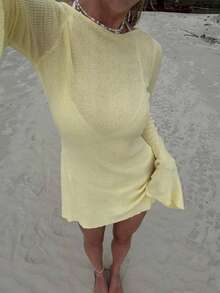 Women's Fashionable Cover-Up Dress, Long Sleeve Solid Color Short Bodycon Waist Sexy Mini Dress, Beach Resort Style Vacation Summer - Yellow - View 1