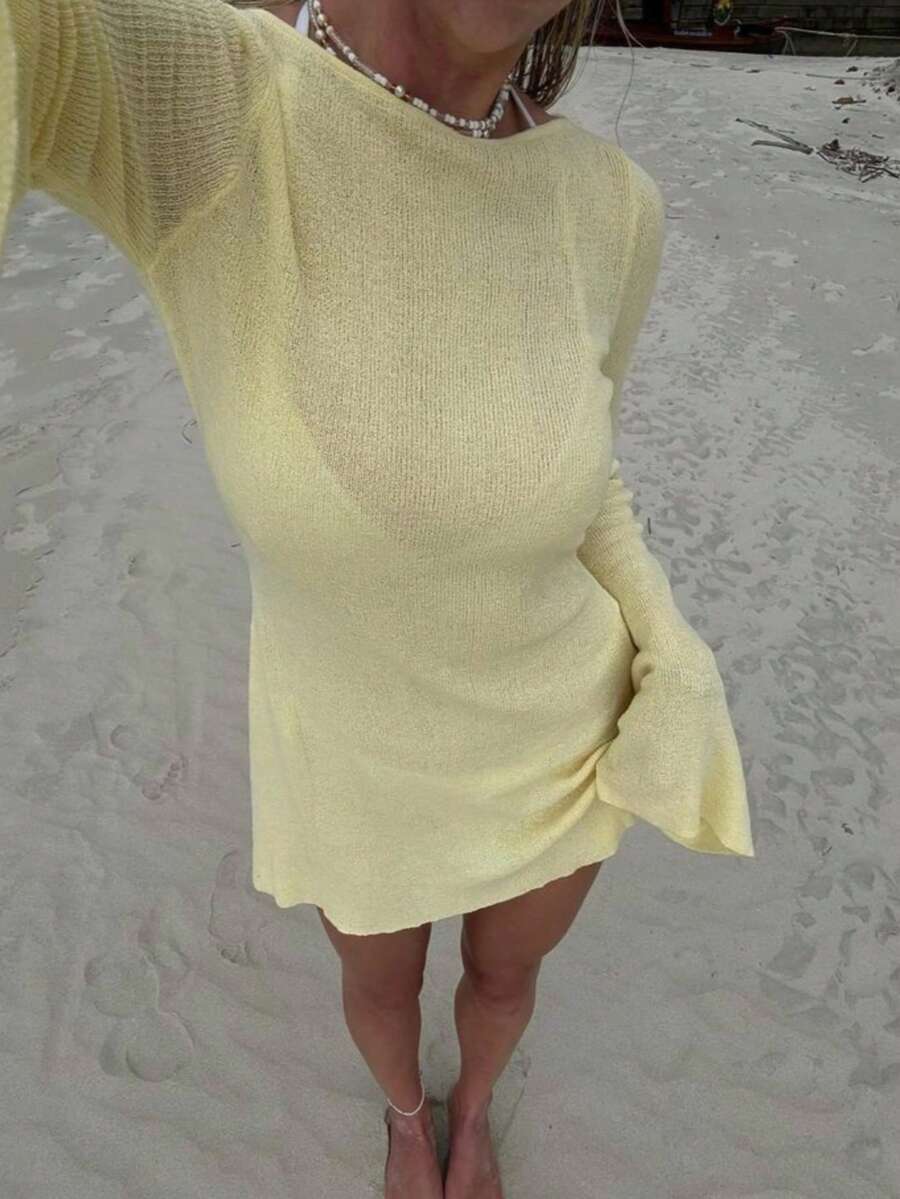 Women's Fashionable Cover-Up Dress, Long Sleeve Solid Color Short Bodycon Waist Sexy Mini Dress, Beach Resort Style Vacation Summer - Yellow - View 1