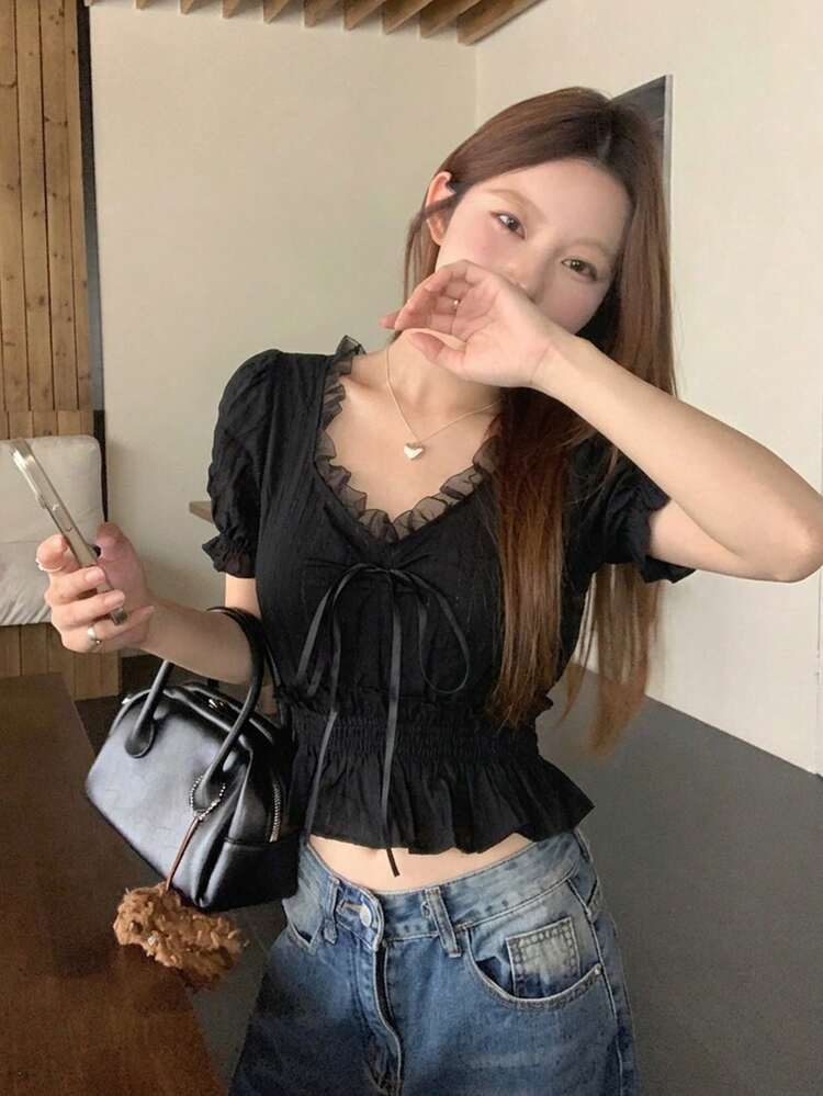 Women's Lace Trim Solid Color Fashionable Versatile Date/Travel Short Sleeve Blouse, Summer Black - Black - View 3