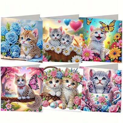 6pcs/Set DIY Diamond Painting Kit, Unique Animal Cat Design, Diamond Art Mosaic Postcard, Suitable For Birthday, Holiday, Mother's Day, Great Gift For Family, Friends And Lovers