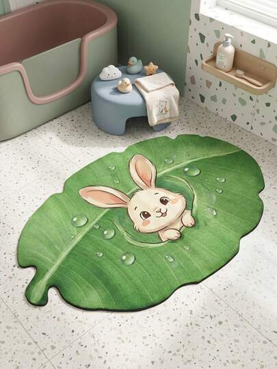 1pc Leaf Bunny Doormat, Cute Decorative Mat, Decorative Rug, Adorable Bathroom Mat, Absorbent Rug, Bedroom Decor, Small Carpet, Rug, Home Decor, Outdoor Carpet, Washable Rug