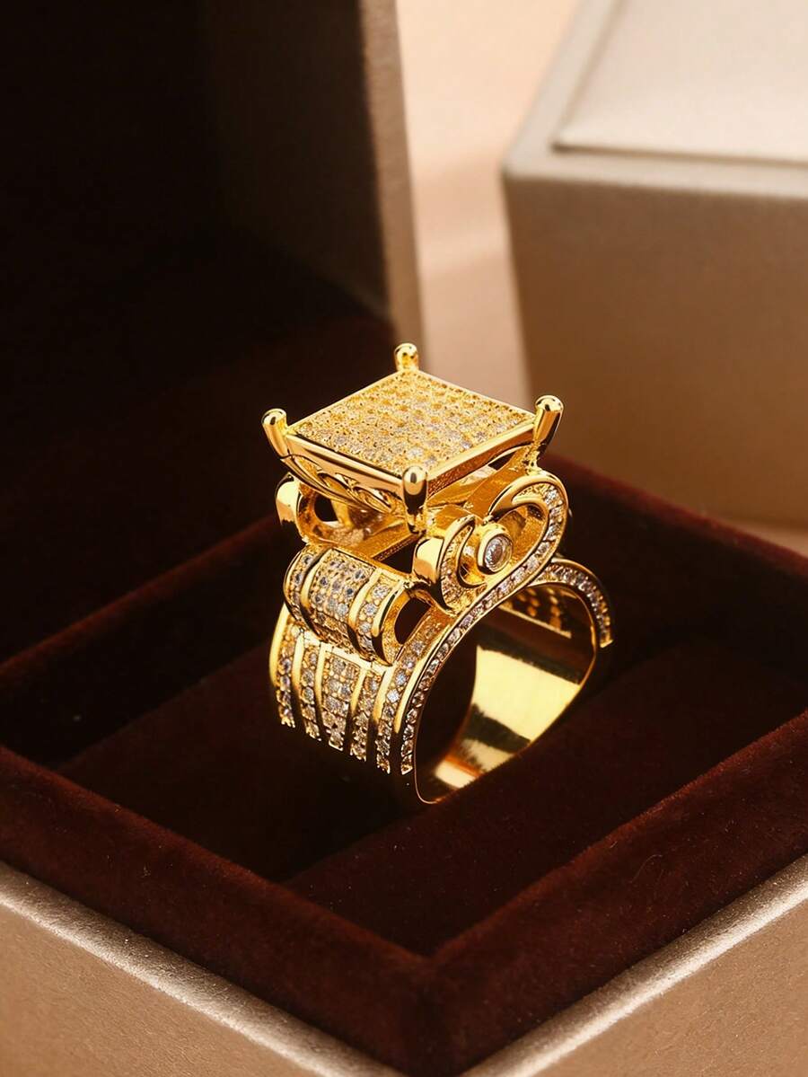 Nhẫn hình trái tim đính đá Zirconia siêu nhỏ dành cho nữ, thiết kế cổ điển retro đính kim cương toàn bộ. - Vàng - Xem 1