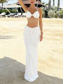 Vestido de tirantes sin espalda sexy con cadena de perlas blancas DOUCIU, para fiestas y vacaciones - Blanco - Ver 3