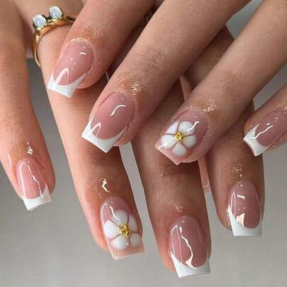 24pcs Square Acrylic Nail Stickers With White Edges, French Manicure Stamping Nails, 3D Five-Petal Flower False Nails, Including Jelly Gel And Nail File, Suitable For Parties, Events And Daily Wear, For Women And Girls, Comes With Manicure Tools, Versatile Nail Art Set