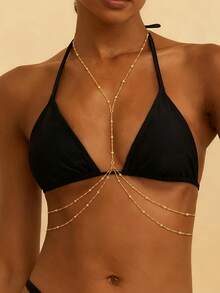 14 Karat vergoldete Körperketten für Frauen, sexy mehrschichtige Bauch-Taille-Kette Kreuz-Bikini-BH Körperschmuck, Sommer Strand Strass Kristall Perlen Schmuckzubehör für Frauen - Gold - Übersicht 4